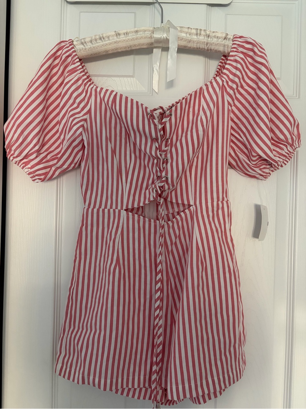 Renvy Red and White Striped Puff-Sleeve Tunic with Lace-Up Front